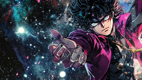 Celestial anime warrior extends hand through cosmic void.