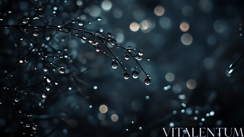 Moonlit droplets on fine branches in cinematic bokeh haze.