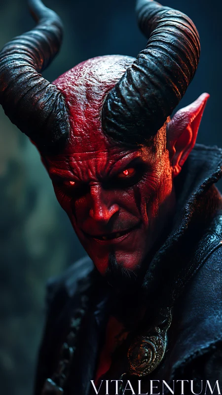 Horned red demon portrait with glowing infernal eyes.