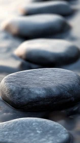 Wet river stones rendered in shallow depth of field study