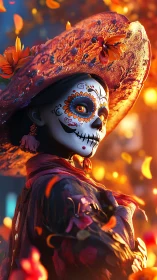 Catrina portrait with vivid sugar skull makeup and hat.