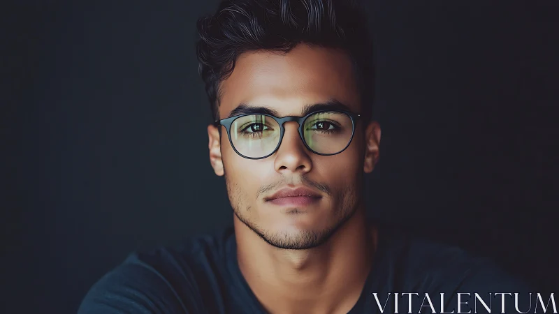 Calm intellect framed in soft light and clear eyeglasses.