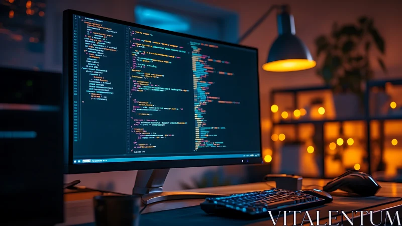 Developer workstation with code under warm cinematic lighting.
