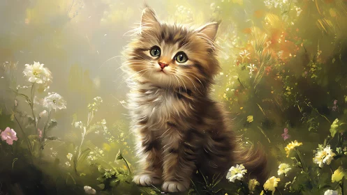 Fluffy Kitten in Wildflower Garden Scene.