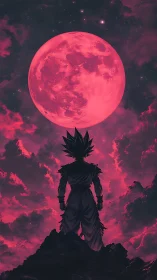 Warrior silhouette facing huge red moon in stormy sky.