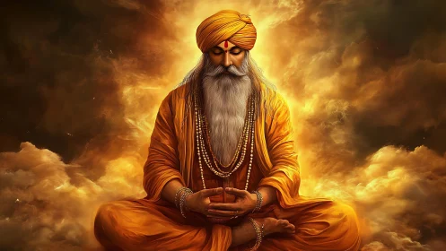 Radiant ascetic yogi in golden meditative luminosity field.