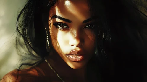 Intense female portrait in cinematic golden sunlight.