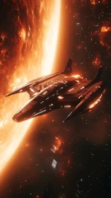 Sleek starship glides past burning sun in deep space.