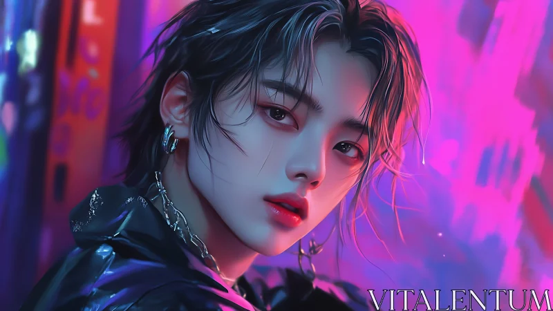 Androgynous neon portrait with glossy jacket and cyber glow