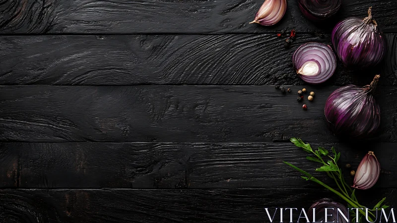 Rich purple onions on charred black wooden background.