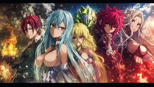 Elemental anime warriors united before erupting celestial rift.