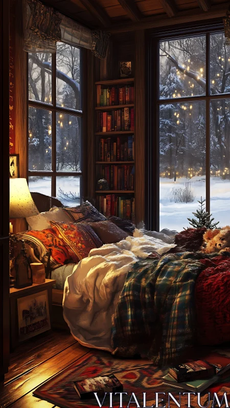 Cozy winter bedroom overlooks snowy forest through tall windows