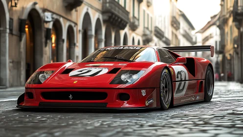 Red racing supercar stands low on cobbled European street