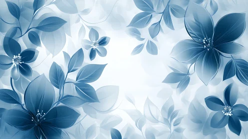 Translucent Blue Floral Composition with Layered Botanical Elements