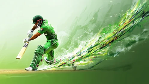 Cricketer in green smashing a powerful dynamic cover drive.