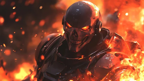 Fiery cyber skull warrior glowing through swirling flames.