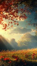 Autumn daydream meadow under honeyed shafts of sunlight.