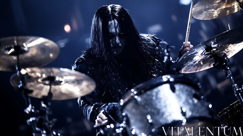 Black metal drummer commands stage under icy blue lights.
