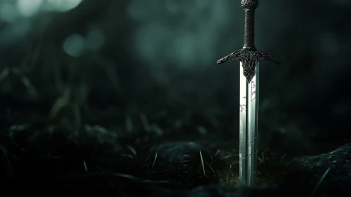 Mystic steel sword embedded in mossy forest ground.