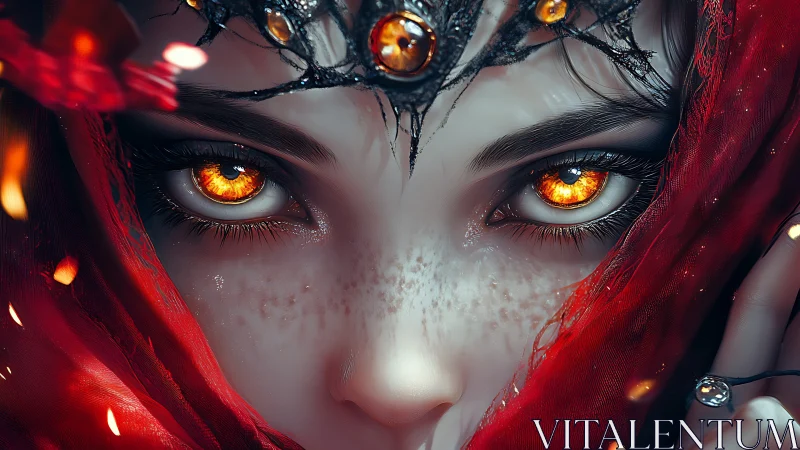 Ember-eyed sorceress wrapped in burning crimson silence.