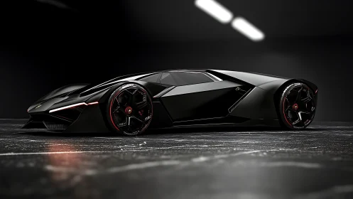 Futuristic matte black hypercar with neon red edge lighting.