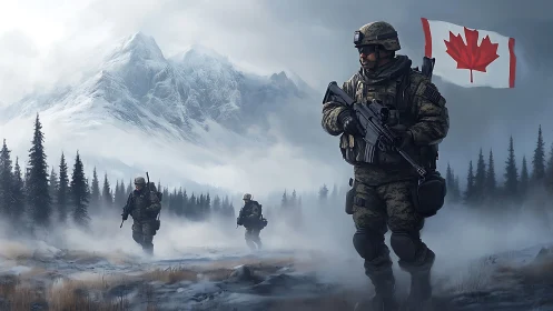 Military patrol in alpine fog with Canadian flag digital study.