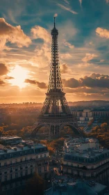 Eiffel Tower over Paris cityscape at warm sunset light.