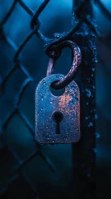 Weathered Guardian: Corroded Lock Suspended in Chains.