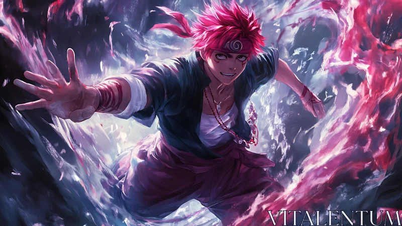 Dynamic anime battle portrait with swirling energy arcs.