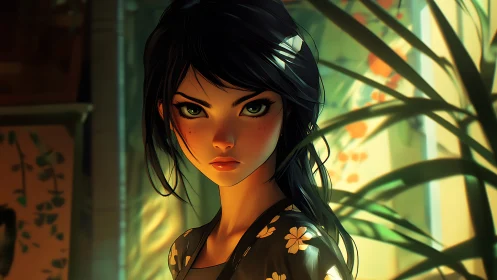 Young woman in warm light holds an intense, steady gaze.