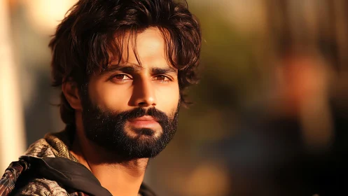 Golden hour portrait of bearded man with intense gaze.