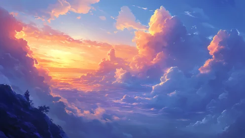 Digital painting sunset cloudscape with luminous gradients.