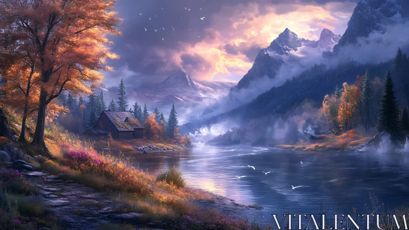 Golden autumn cabin rests beside a misty mountain river