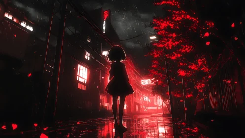 Silhouetted figure on red-lit rainy urban street at night.