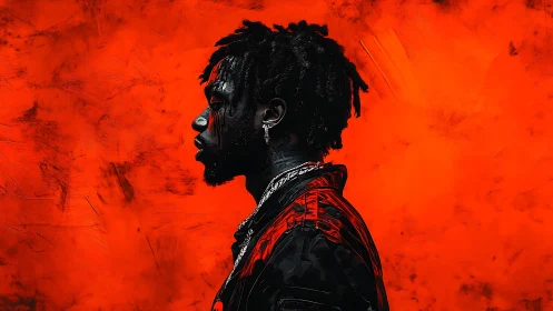 Bold side-profile portrait against vivid red glow.