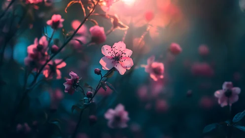Pink Blossoms Glowing at Sunset.