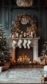 Symmetrical Christmas fireplace vignette with warm bokeh lighting