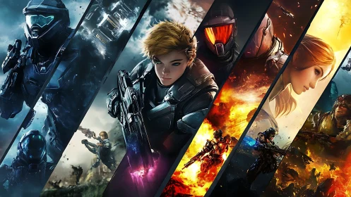 Multiple armored sci‑fi characters are segmented in diagonal panels