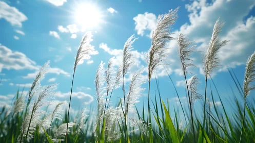 Sunlit pampas grass sways gently under a bright blue sky.