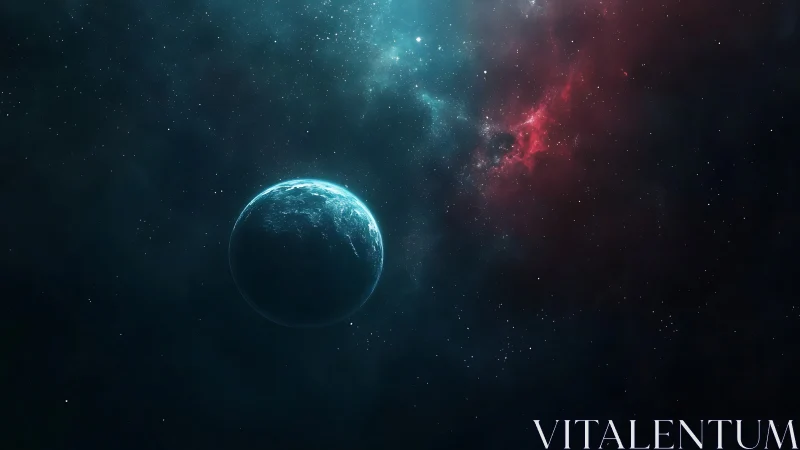 Isolated exoplanet illuminated by cyan nebular backlight in space