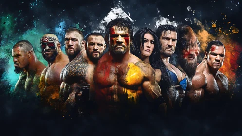 Dynamic wrestling lineup in grunge digital painting style.
