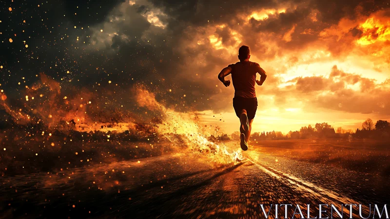 Backlit runner on asphalt road with dynamic fiery particle trail