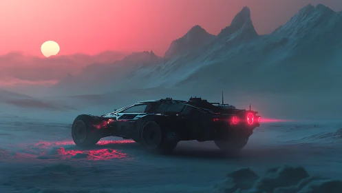 Futuristic rover crosses neon-lit tundra under red dusk