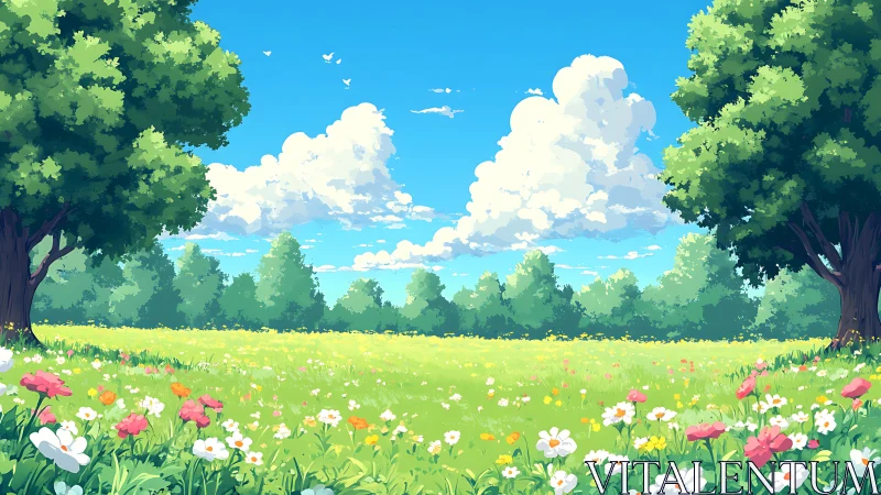 Sunny wildflower meadow under blue sky with tall trees.