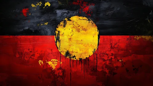 Textured tricolor field with distressed central solar disc.