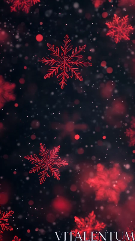 Red glowing snowflakes drift softly through dark winter sky