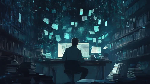 Researcher sits at desk amid floating digital documents