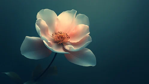 Luminescent Peony Bloom with Warm Translucent Petals on Teal Ground.