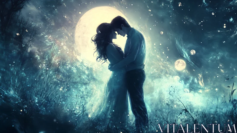 Silhouetted couple beneath luminous moon in nocturnal landscape.