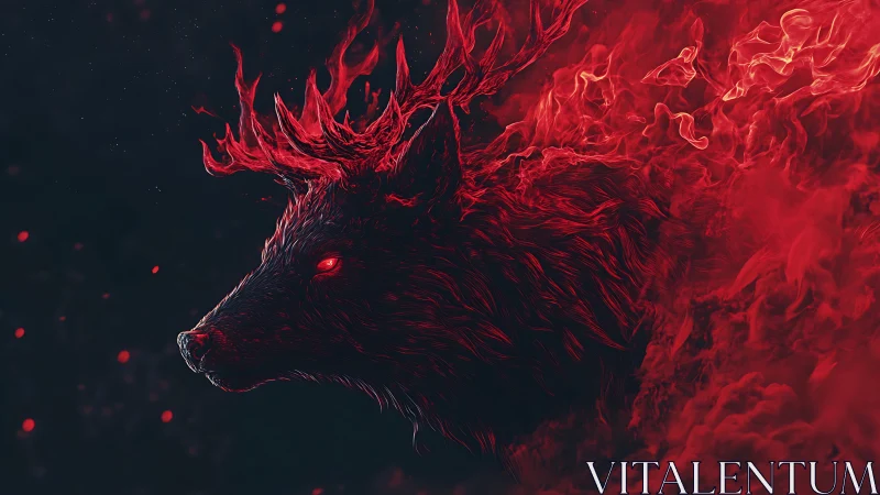 Crimson spirit wolf rising from swirling midnight embers.